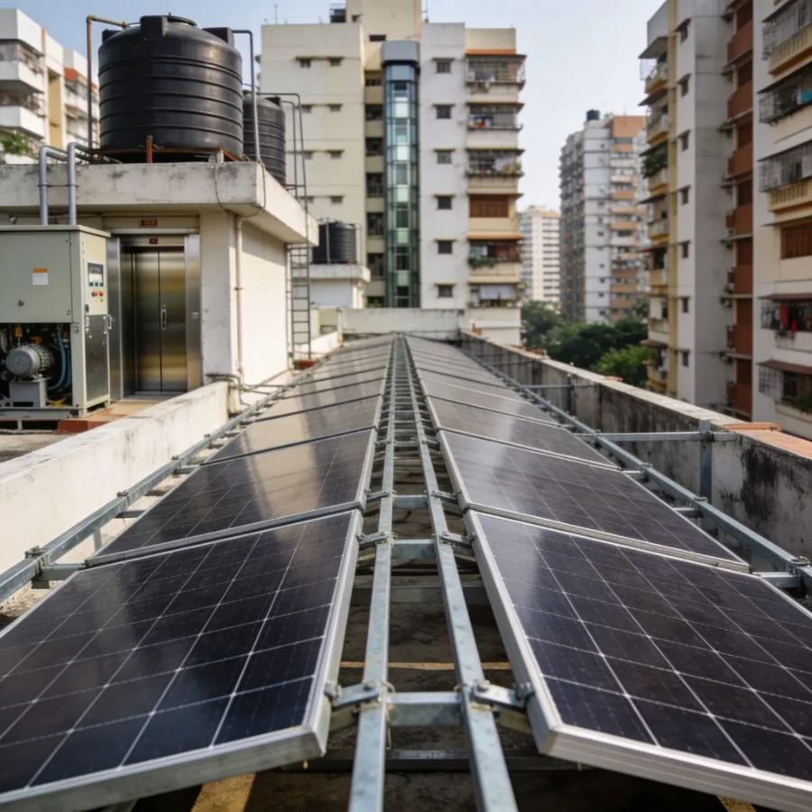 Solar panels installed on an apartment terrace in Chennai