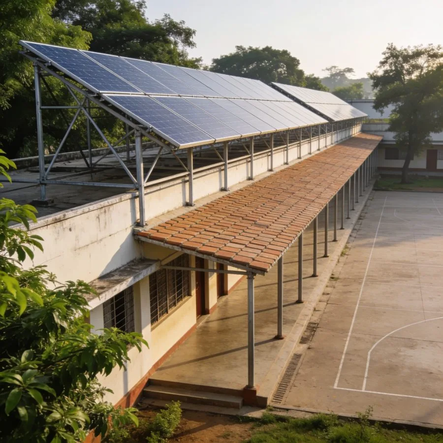 Solar panels on a school and college campus roof in Chennai
