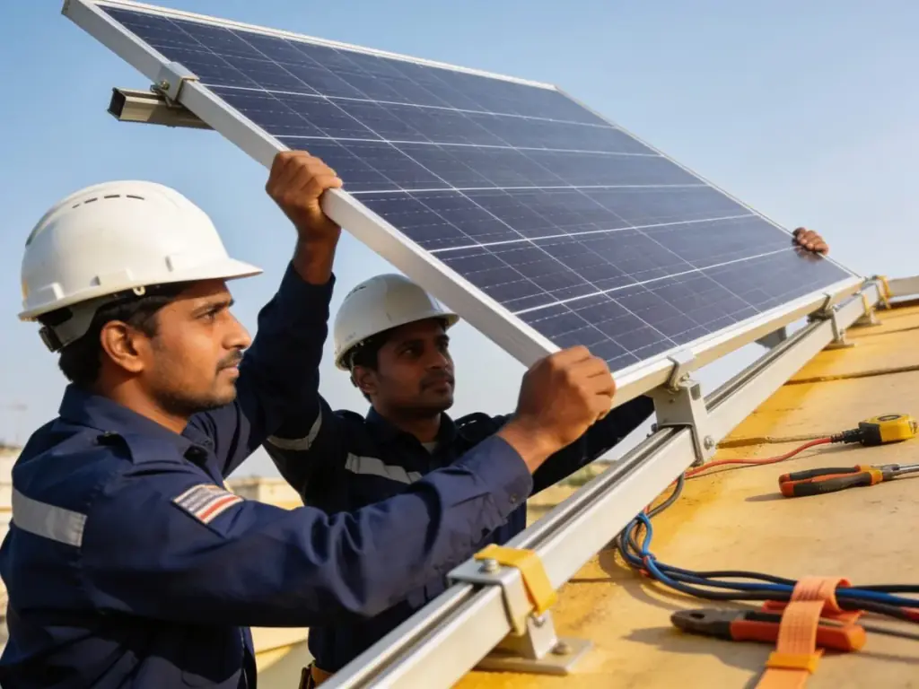 7 kW rooftop solar panel installation team at work in Chennai