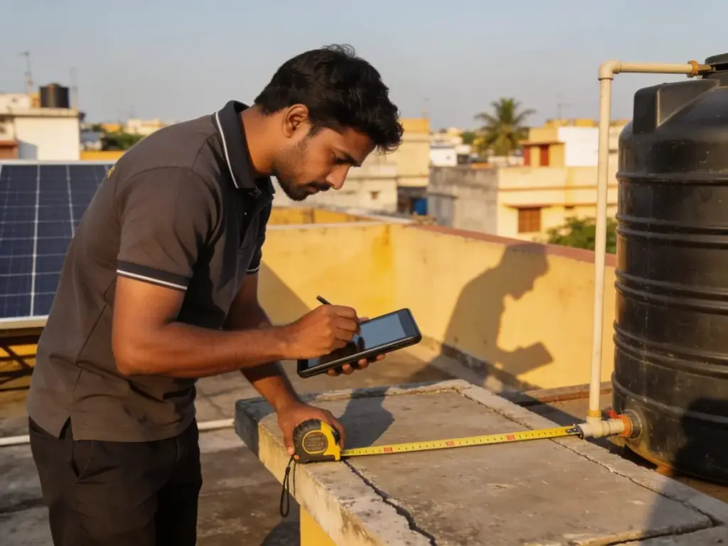 Solar engineer surveying a Chennai rooftop for a CAPEX or RESCO proposal