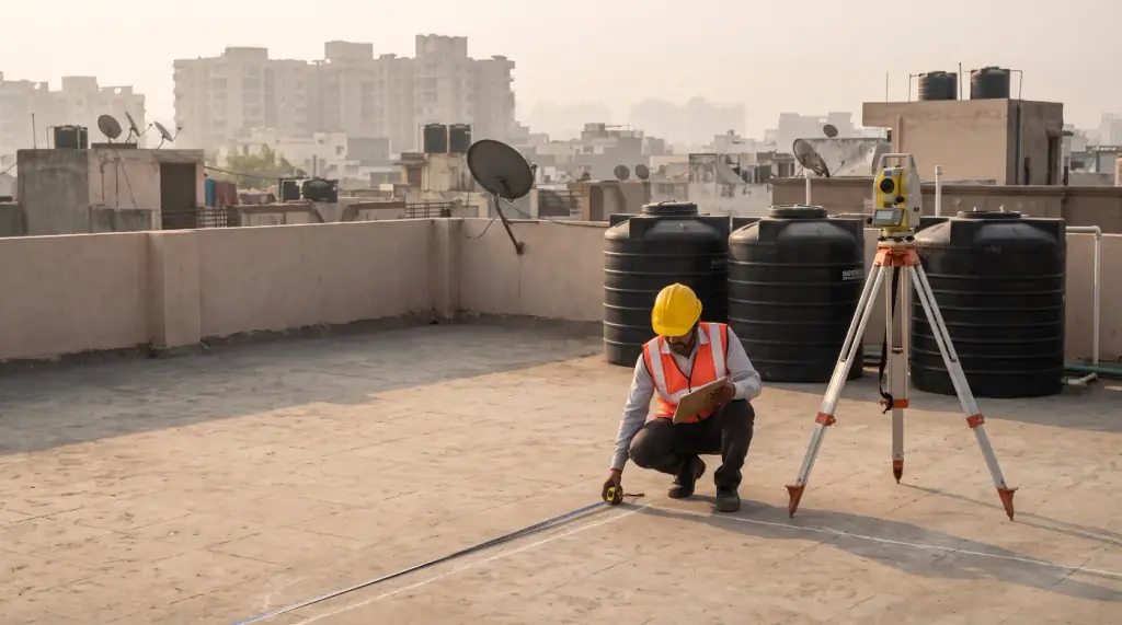 Engineer measuring a chalk-marked layout line on a rooftop terrace during a solar site survey