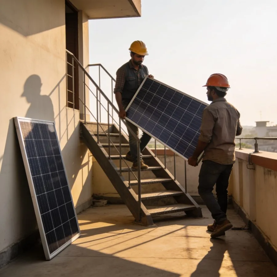 4 kW rooftop solar panels being carried up to a Chennai terrace